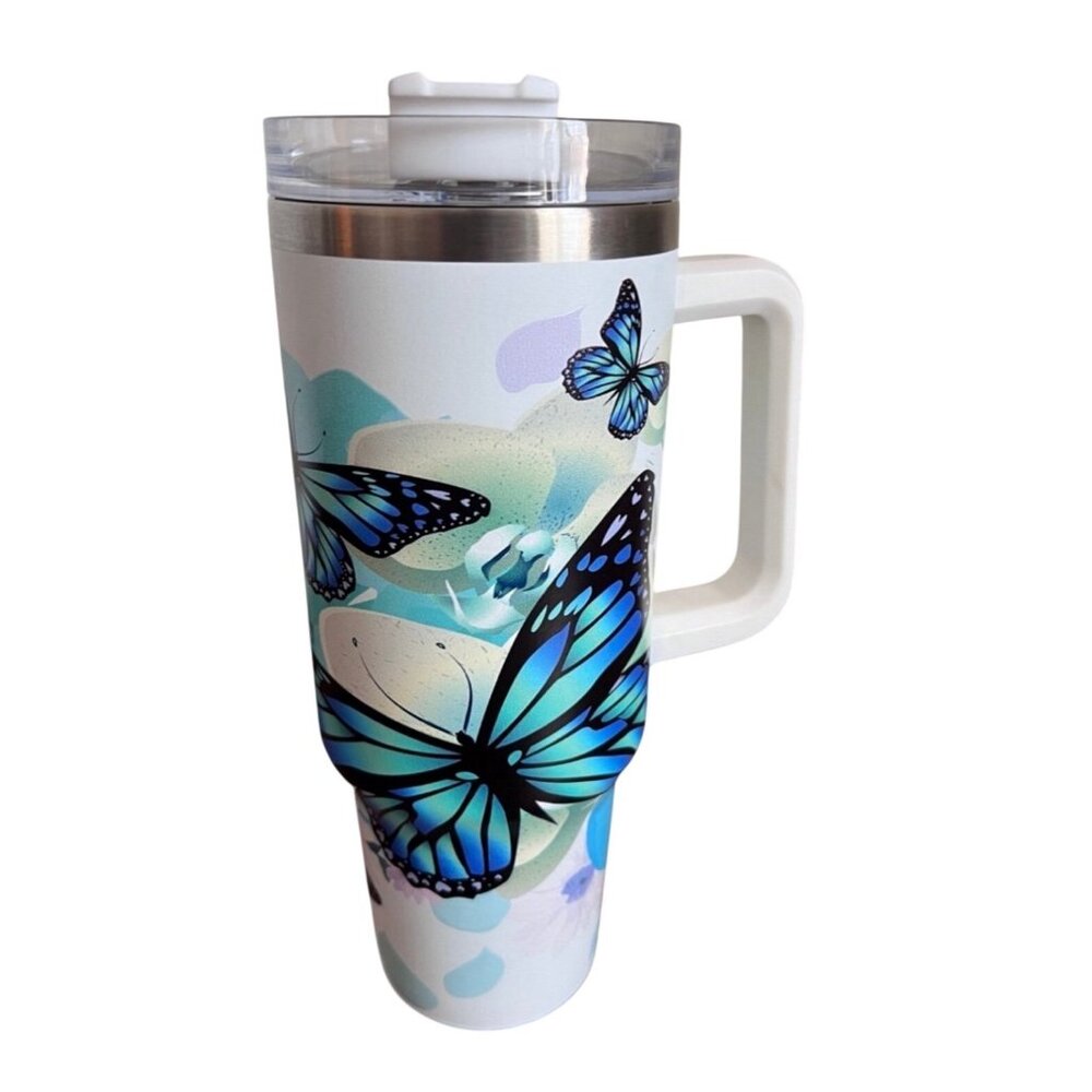 Custom Butterfly Floral Stainless Steel Tumbler With Handle & Lid - Insulated